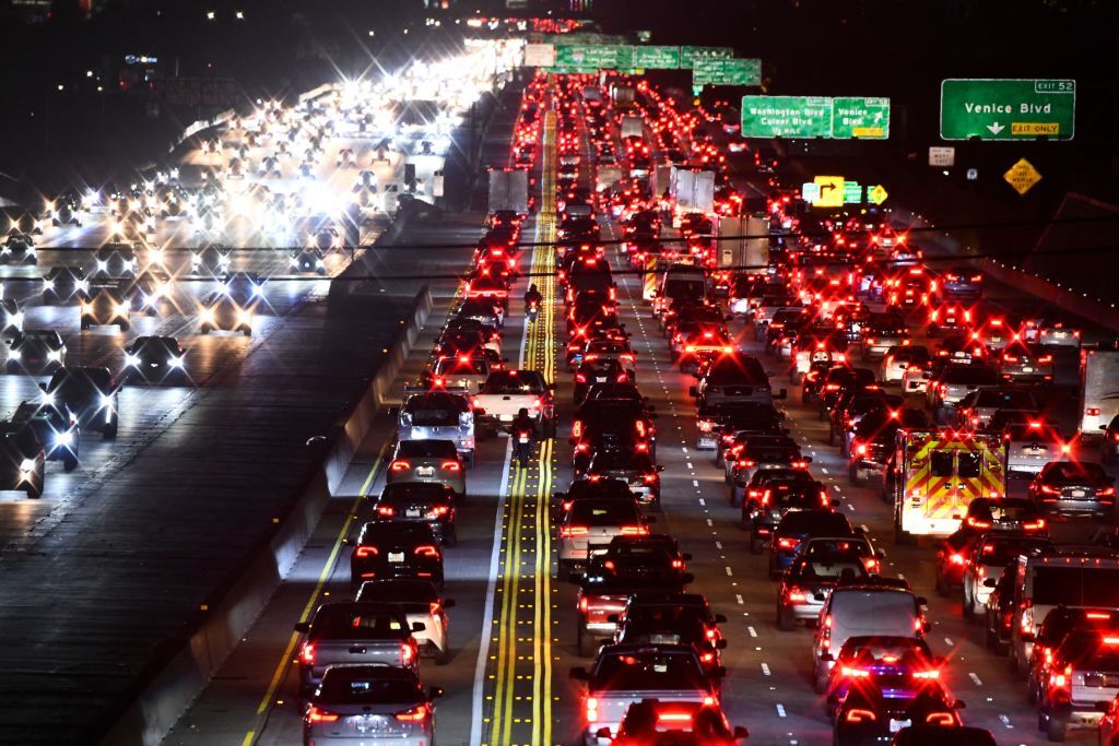 Rush-hour traffic on Interstate 405 in Los Angeles in March 2022. After dropping during the COVID-19 pandemic, congestion levels reached a record high last year, researchers say.